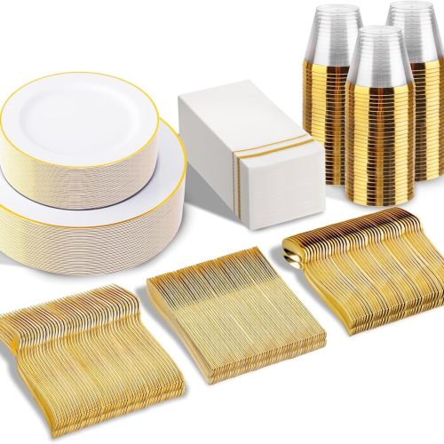 SUT 350 PCS Elegant White and Gold Disposable Dinnerware Set - Premium Dinner & Salad Plates, Cups, Napkins & Cutlery for 50 Guests - All-Inclusive Party Plastic Plates