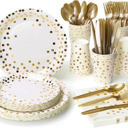 Party Supplies Set - 210 Pieces of White and Gold Dot Paper Plates, Cups, Napkins, and Heavy Duty Silverware for 30 Guests for Birthdays, Graduation, Wedding, Festivals