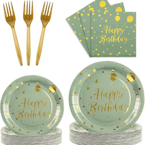 96PCS Happy Birthday Plates and Napkins Party Supplies, Sage Green and Gold Disposable Paper Plates and Napkins with Forks Tableware Set for Birthday Party Decorations 24 Guests (Birthday Sage Green)