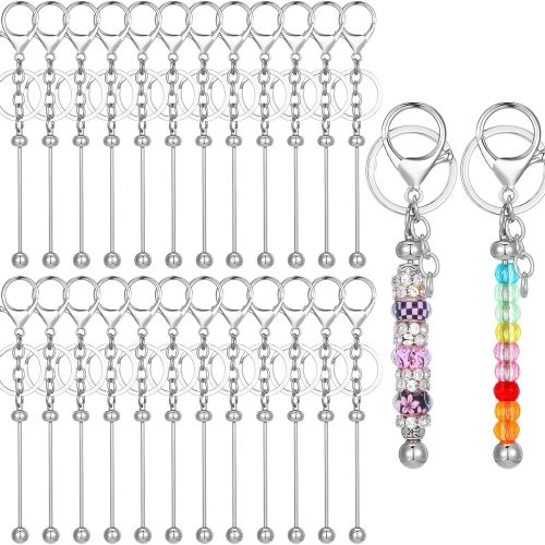 24 Pcs Beadable Keychain Bars Blanks Bead Keychain DIY Pendant Making Supplies Metal Bulk Making Gift Kit for Women Men Crafts Jewelry Charms Chain Bars