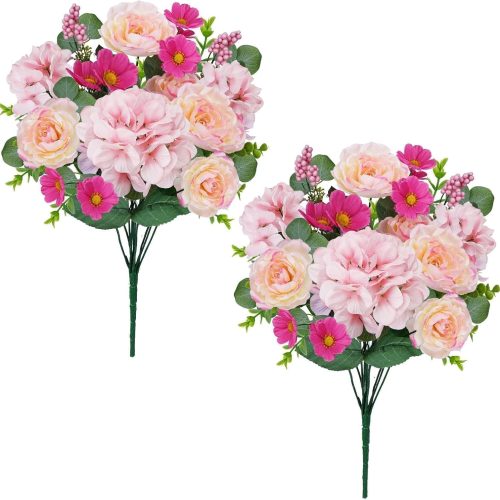 19" Cemetery Flowers for Grave Pink Fake Flower Bouquet with Faux Hydrangea Flowers Silk Flower Arrangements for Grave Vase Indoor Table Centerpieces Wedding Bouquet