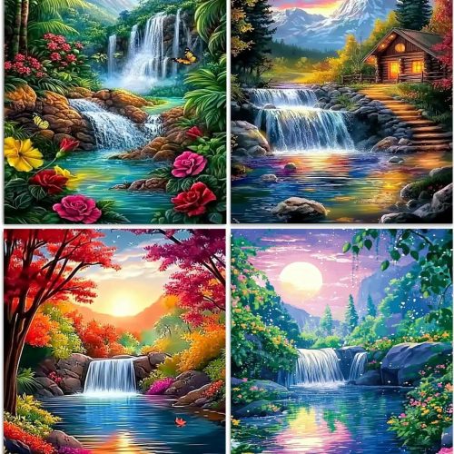 DOZEEZOP 4 Pack 5D Diamond Painting Kits for Adults, Landscape Diamond Art Kits for Beginners of All Ages, Round Full Drill Painting by Numbers Crafts Home Wall Decor 12 x 16 Inches Red