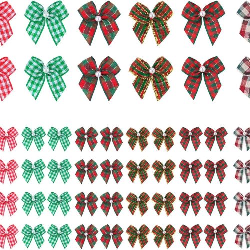 60pcs Mini Ribbon Bows with Pearl Ribbon Flowers Appliques DIY Craft for Sewing, Scrapbooking, Wedding, Gift,Christmas Decoration (red Green Plaid)