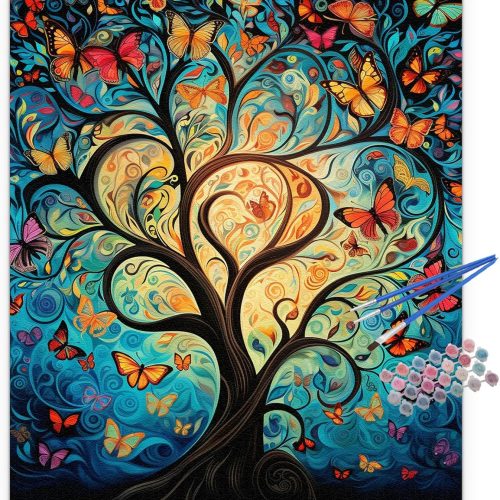 JUJUHOOD Tree of Life Paint by Numbers Kit for Adults,Butterfly Adult Paint by Number Kits,DIY Acrylic Paint by Number on Canvas for Home Wall Decor 16X20 Inch