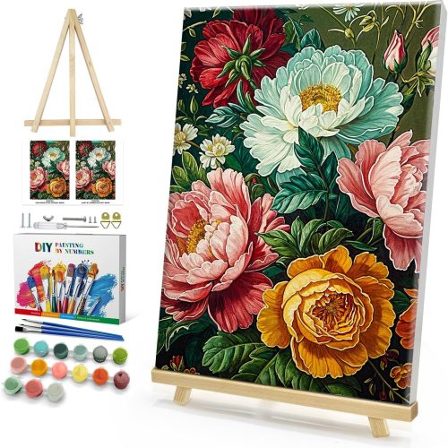 HeeBenor Framed Paint by Numbers Kit for Adults, Flowers Paint by Number with Easel, DIY Floral Acrylic Oil Painting Kit, Adult Paint by Number Kits Framed Canvas for Home Decor 8x12 Inch