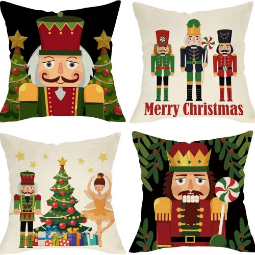 Merry Christmas Nutcracker Decorative Throw Pillow Cover 16 x 16 Set of 4, Xmas Tree Cartoon Wooden Soldier Toy Porch Patio Outdoor Home Decor, Winter Holiday Women Girl Gifts Couch Cushion Case