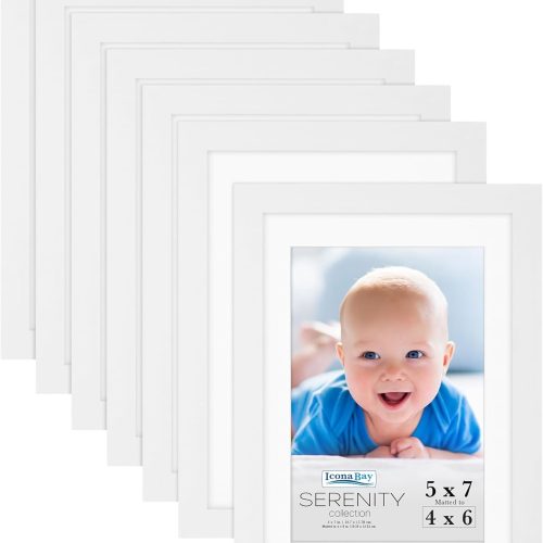 Icona Bay 5x7 Picture Frames w/Removable Mat for 4x6 Photos (White, 10 Pack), Sleek Modern Style Frames, Table Top or Wall Mount, Serenity Collection