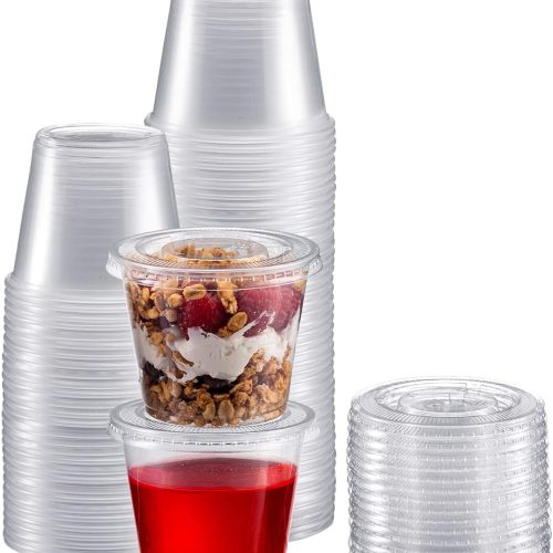 Portion Cups with Lids (5.5 Ounces, 100 Pack) | Disposable Plastic Cups for Meal Prep, Portion Control, Salad Dressing, & Medicine | Small Plastic Condiment Container