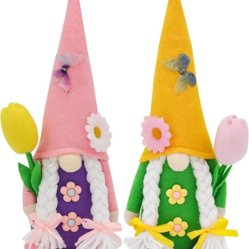 CRCZK Spring/Summer Gnomes Plush (2 Pack) - Adorable Tulip Decor Gnomes for Easter & Mother’s Day, Pastel Floral Gnome Decorations for Home, Gifts for Women, Pink & Purple Bouquet Decor, Indoor Decor