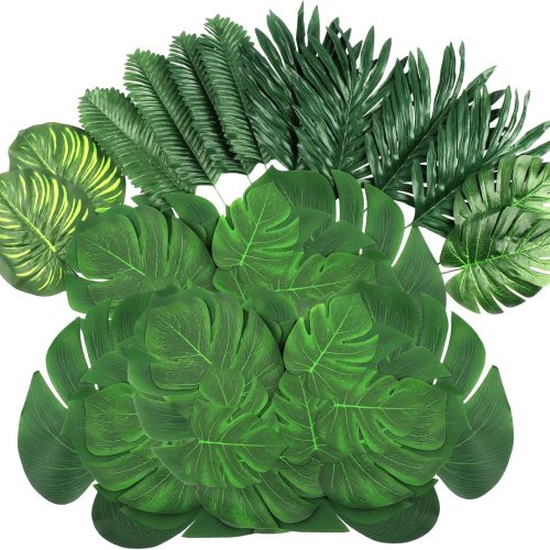 108 Pieces 7 Kinds Artificial Tropical Leaf Jungle Leaves Plant Safari Leaves Decorations Fake Palm Leaf with Stems for Hawaiian Luau Party Table Beach Birthday Wedding Theme Party Decorations