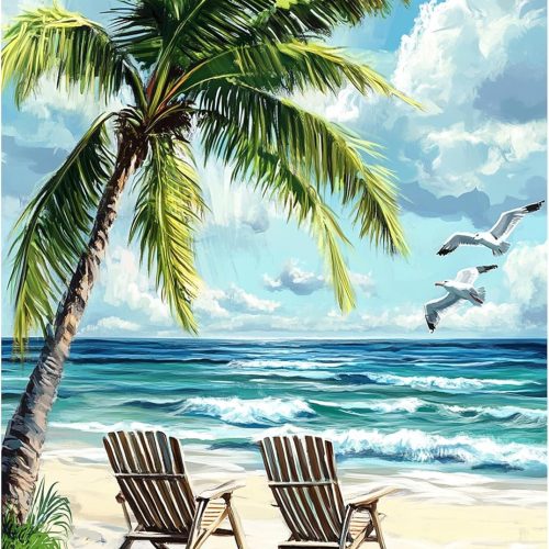 RICUVED Beach Diamond Art Kits for Adults, 5D Sea Diamond Painting Summer Kits for Beginners, Full Drill Diamond Art Coconut Tree Diamond Gem Arts Craft for Home Wall Decor 12x16Inch