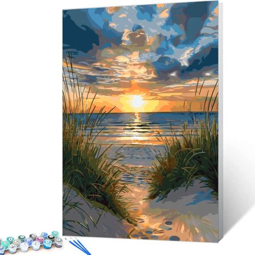 Tropical Seascape Painting Paint by Number Kits 16 x 20 inch Sea Scene at Sunset Canvas DIY White Beach Painting for Kids Adults Beginner with Brushes and Acrylic Art Office Gift(Without Frame)