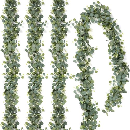 TOCHGREEN 4 PCS Artificial Eucalyptus Garland 5.9FT Faux Silver Dollar Greenery Garland Vines with White Flower Boxwood Fake Hanging Plants for Wedding Home Party Table Mantle Wall Decor