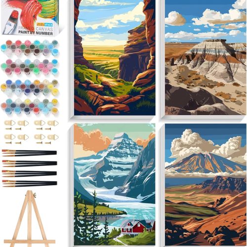 4 Pack National Park Paint by Numbers Kit for Adults Beginner Framed, Mountain Landscape Paint by Number Kits with Frame, DIY Acrylic Adult Paint by Number Kits on Canvas for Home Decor Gift 8x12 Inch