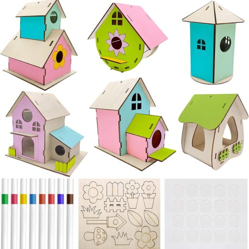 Cinrobiye 6 Set DIY Wooden Birdhouse Craft Kit，Build and Paint Unfinished Wood Houses with Watercolor Pens Spring Party Art Project Creative Home Garden Decor Bulk Painting Supplies
