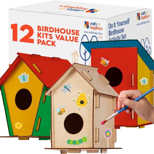 12 DIY Bird House Kits For Children to Build - Wood Birdhouse Kits for Kids to Paint - Unfinished Wood Bird Houses to Paint for Kids - Wood Craft Project Kits - Wooden Arts & Craft for Girls & Boys