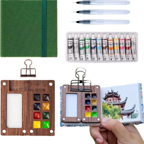 Aimery Mini Watercolor Paint Set Travel, Portable Small Miniature Pocket Water Color Painting Kit with Wooden Palette & Sketchbook(Pine Green)