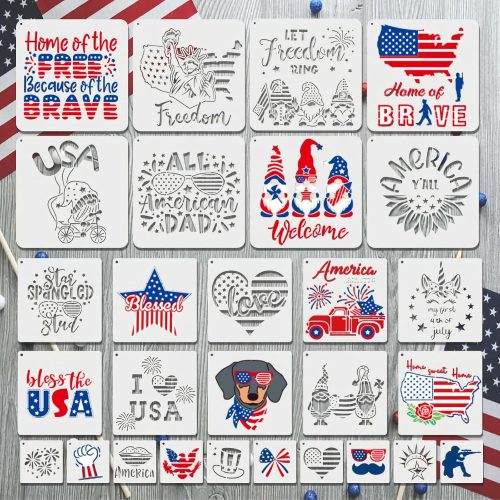 Patriotic Stencils for Painting, 28PCS Independence Day Templates Multi-Size Set (8x8, 6x6, 3x3) Clear PET Plastic with American Flag Patterns for Home Decor, Party Decorations and DIY Crafts
