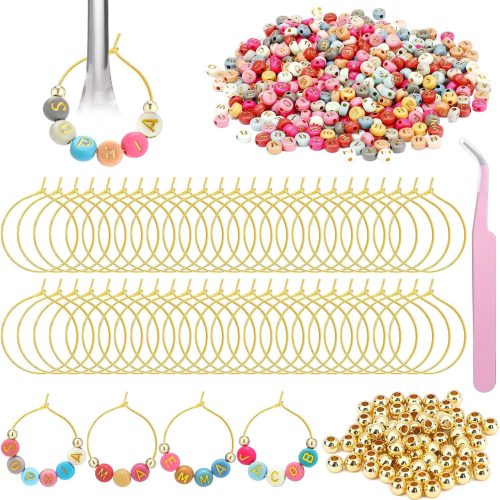 Outus 50 Set Personalized Wine Glass Charms Rings 1000 Letters Beads 100 Golden Beads 50 Tone Hoops 1 Tweezer Custom Charms Wine Glass Markers for Party Bridal Shower(Colorful,Round)