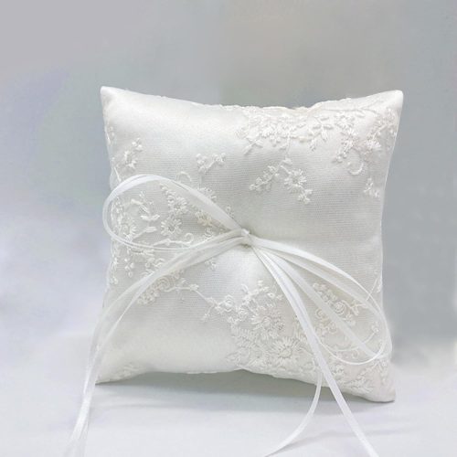 Wedding Ring Bearer Pillow, White Satin with Floral Lace Embroidery and Ribbon Bow, Square 6 x 6 inches for Beach Proposal Ceremony Party