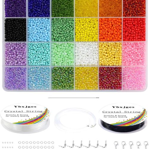 Ybxjges 12000 pcs 3mm Glass Seed Beads 8/0 Small Craft Beads Friendship Bracelet Kit with Jump Rings Lobster Clasp Elastic String for Jewelry Making DIY Bracelets Necklaces Girts for Girls Age 6-12