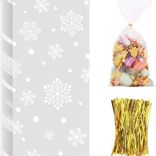 CCINEE Snowflake Treat Bag,Christmas Cellophane Bag with Twist Ties Candy Cookie Bags for Party Supplies,120PCS
