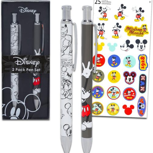 Mickey Mouse Pens Set - Bundle with 2 Mickey Mouse Pens with Clip Plus Stickers for Kids Stocking Stuffers | Mickey Mouse Stationery Gift for Boys, Girls