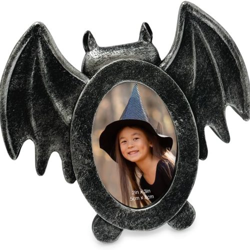 Isaac Jacobs 2x3 Bat-Shaped Picture Frame With Ears And Wings Detail, for Halloween, Photo Tabletop & Wall Mount, Holiday, Home Décor (2x3, Matt Black With Silver)