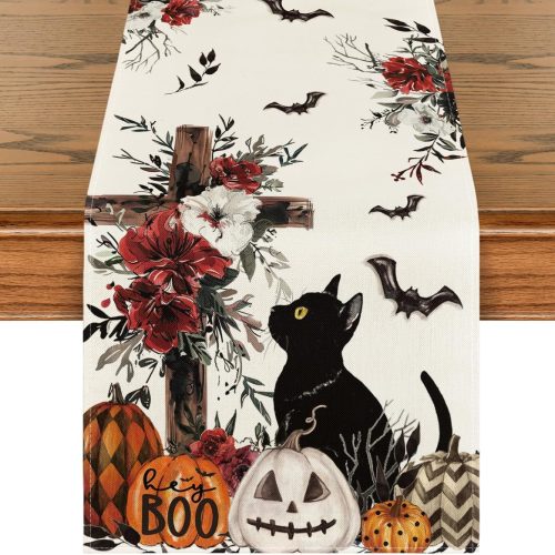 Artoid Mode Jack-O'-Lantern Pumpkin Cross Black Cat Halloween Table Runner, Bat Kitchen Dining Table Decoration for Home Party Decor 13x36 Inch