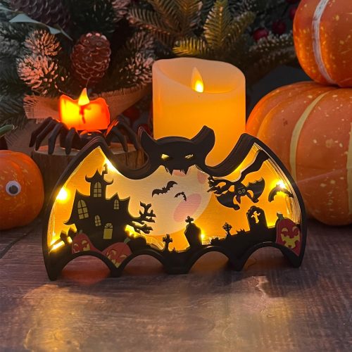 Halloween Wooden Lighted Table Decoration, Light Up Bat Table Ornament Wooden Shadow Box for Halloween Party Dinner Coffee Table Decoration