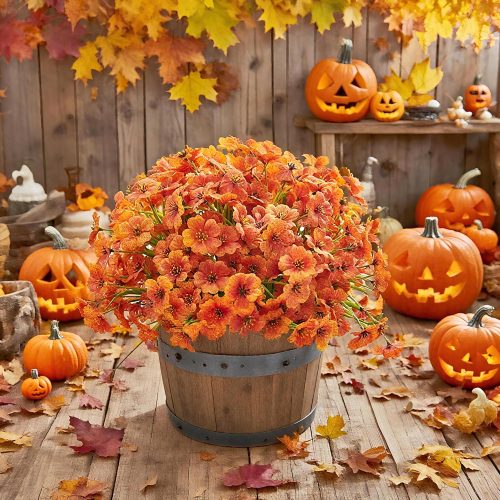 16 Bundles Artificial Mums Flowers for Outdorors, UV Protected No Fade Fall Flower for Porch Display Patio Garden Decor Autumn Thankgiving Halloween Decorations (Orange)
