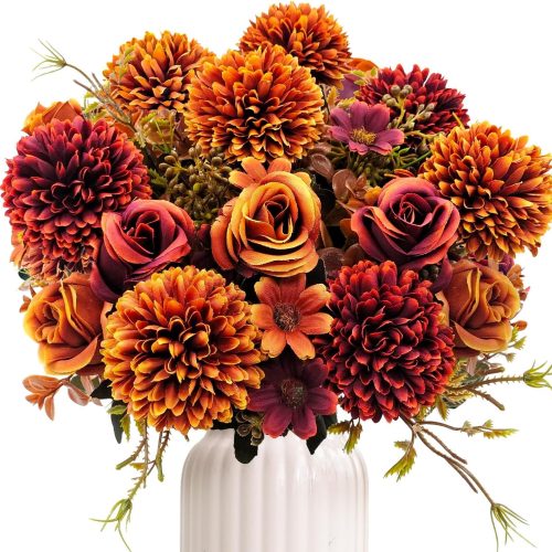 Artificial Fall Flowers Fake Mums Fall Floral Arrangement Silk Chrysanthemums Bouquet for Home Table Indoor Kitchen Wedding Centerpieces Party Autumn Decoration, 3 Pcs