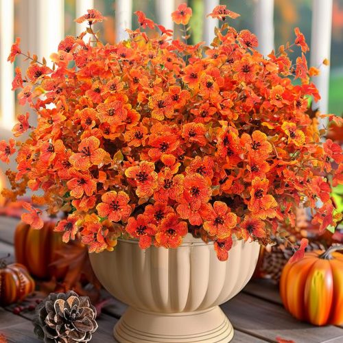 Artificial Mums Fall Flowers for Outdoors, 12 Bundles Faux Mums UV Resistant Fake Fall Plants Plastic Greenery Autumn Decor for Outside Garden Porch Patio Hanging Planter (Orange Green)