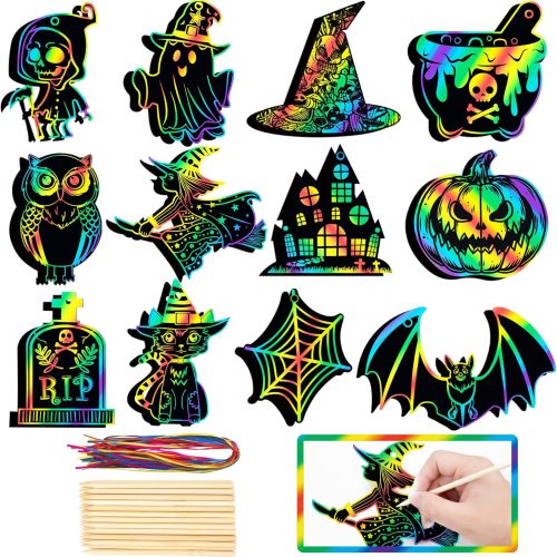 48 Pieces Halloween Scratch Art for Kids, DIY Rainbow Magic Scratch Paper, Bat Pumpkin Halloween Haunted House Arts and Crafts Ornaments for Classroom Activity Party Favor Holiday Decor