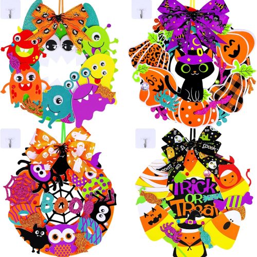 Winlyn 12 Sets Halloween Craft Kits - Fall DIY Wreath Decorations Art Sets With Pumpkin, Monster, Candy Corn, Spider, Bat - Foam Stickers for Kids Classroom Activities