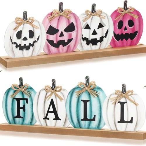 Reversible Fall Pumpkin Wooden Table Sign Double Sided Thanksgiving and Halloween Tabletop Decor Farmhouse Halloween Pink Table Ornaments Vintage Blue Fall Pumpkin Block Signs for Home Shelf
