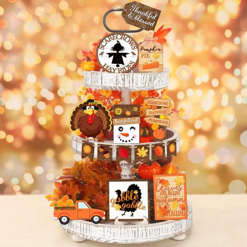 15 Pcs Thanksgiving Tiered Tray Decorations Set Thanksgiving Fall Pumpkin Turkey Home Decorations Rustic Farmhouse Truck Wooden Sign Spice Blocks Autumn Wooden Sign for Gift Tabletop