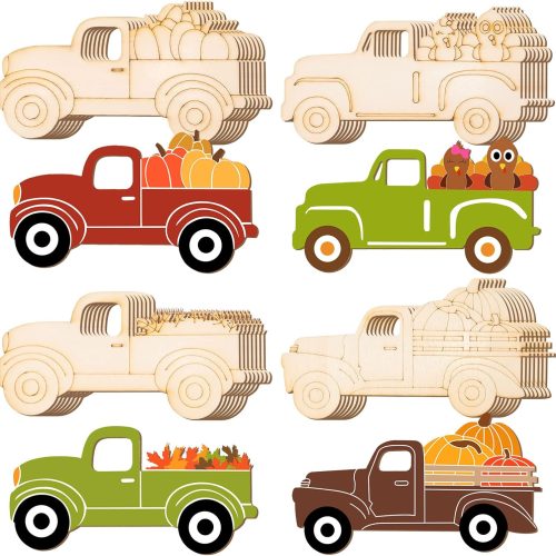 32 Pcs Thanksgiving Unfinished Wooden Cutout Fall Truck Pumpkin Cutout Blank Truck Shape Wooden Ornament for DIY Thanksgiving Fall Party Decoration, 4 Styles