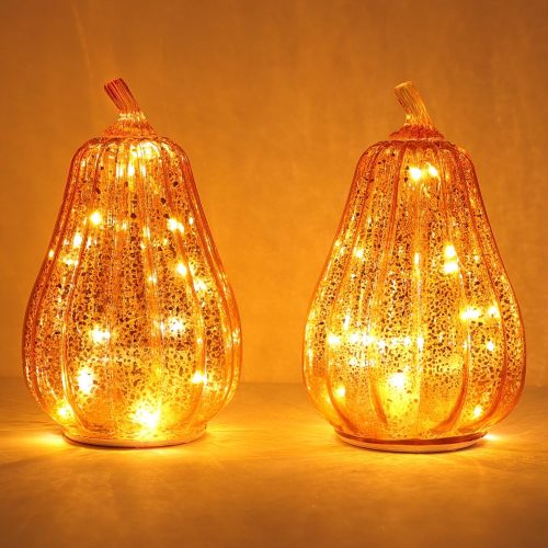 DECORKEY Fall Decorations for Home, Set of 2 Glass Pumpkin with LED Lights Thanksgiving Table Decor, Timer Lighted Pumpkin Decorations for Indoor Fall Mantel Decorating (DKGG-4090)