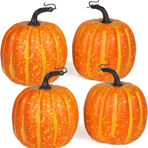 Artmag 6 Inch Large Artificial Pumpkins, 4PCS Big Orange Drawing Line Faux Foam Harvest Pumpkins for Fall Thanksgiving Holiday Decorations