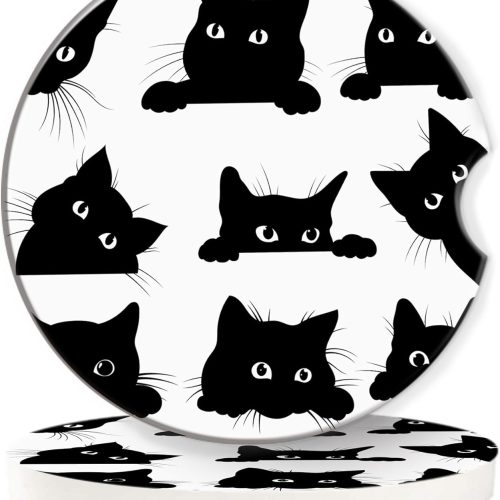 Halloween Car Coasters for Cup Holders,2 Pack Cute Black Cats Absorbent Ceramic Coaster Car Cup Holder Non-Slip Auto Accessories Interior Decor for Your Car Keep Clean
