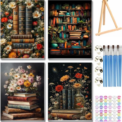 VIGEGU 4 Pack Book Paint by Numbers Kit for Adults with Frame,Bookshelf Flower Plants Paint by Number for Beginner with Wooden Easel DIY Adult Paint by Number Kits for Home Decor 12x16inch