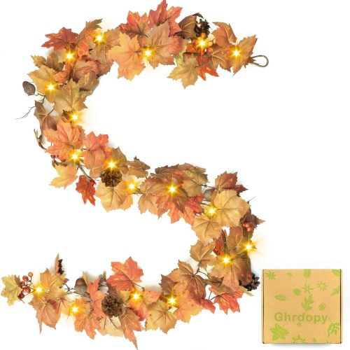 CT0731ZRA714GT_1 6 Ft Artificial Fall Garland with Lights - Autumn Maple Leaf f Thanksgiving Decor Hanging Vine Autumn Foliage Garland Used for Home Wedding Party Decor