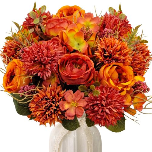 3 Bundles Fall Artificial Flowers Bouquet Fake Peony Silk Chrysanthemums Autumn Faux Floral Arrangements for Home Decor Indoor Living Room Kitchen Table Centerpieces Decoration (Burnt Orange)