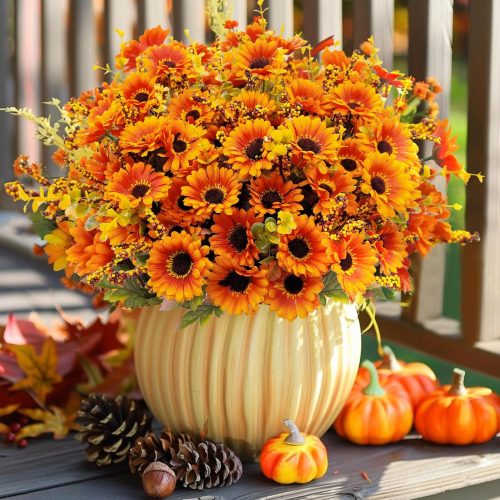MUTCOLOR Fake Mums Artificial Flowers 4 Bundles Silk Faux Fall Floral Arrangement Bouquet for Outdoor Indoor Home Front Porch Vase Table Centerpiece Wedding Garden Pots Autumn Decor