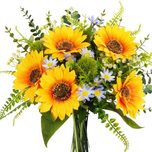 HUAESIN Artificial Sunflower Bouquets Fall Faux Flowers Bouquet Silk Sunflowers in Vase Floral Arrangements for Home Kitchen Table Centerpieces Wedding Party Decor