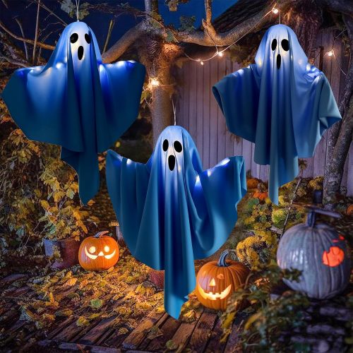 Halloween Light-up Ghost Decorations, White Hanging Flying Ghosts for Front Yard, Patio, Lawn, Garden, Party, 22.5 Inch, 3 Pack (Blue)