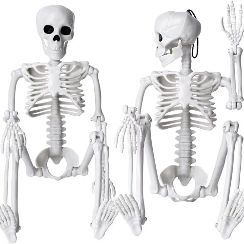 XIMISHOP 2pcs Skeleton Halloween Decoration, 16” Full Body Posable Halloween Hanging Plastic Skeleton Decoration with Movable Joints for Halloween Decoration Indoor Outdoor, White