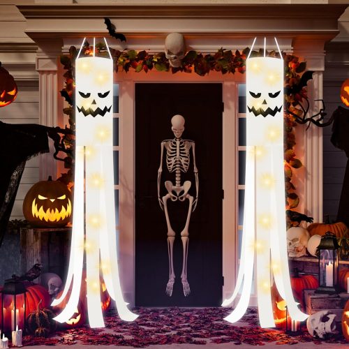 JXTON 2pcs 70inch Halloween Ghost Windsocks Flag with Lights Halloween Outdoor Hanging Decor for Yard Patio Garden Pathway Party Decoration