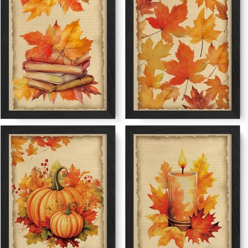 JXREQ Vintage Fall Wall Art Decor Pumpkin Maple Leaves Posters Wall Decor for Home Kitchen Bathroom Bedroom Living Room, Thanksgiving Decorations Posters 4Pcs, 8x10 Inch Unframed
